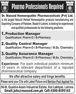 Jobs In Dr Masood Homeopathic Pharmaceuticals Pvt Ltd 27 October 2019
