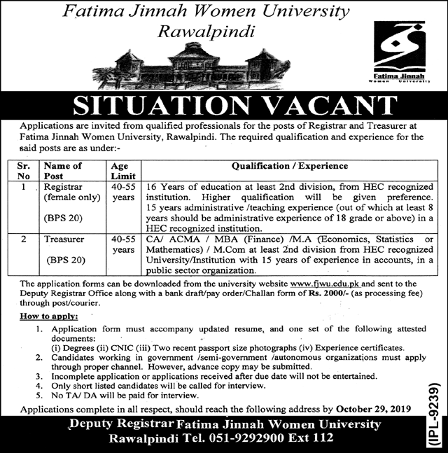 Jobs In Fatima Jinnah Medical University 10 October 2019