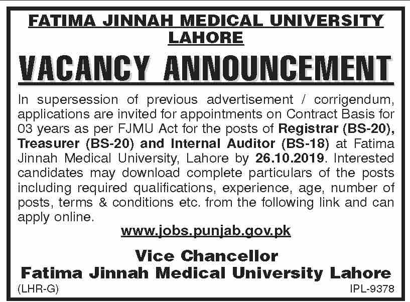 Jobs In Fatima Jinnah Medical University 15 October 2019