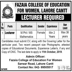 Jobs In Fazaia College Of Education For Women 06 October 2019