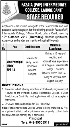 Jobs In Fazaia Inter College 03 October 2019