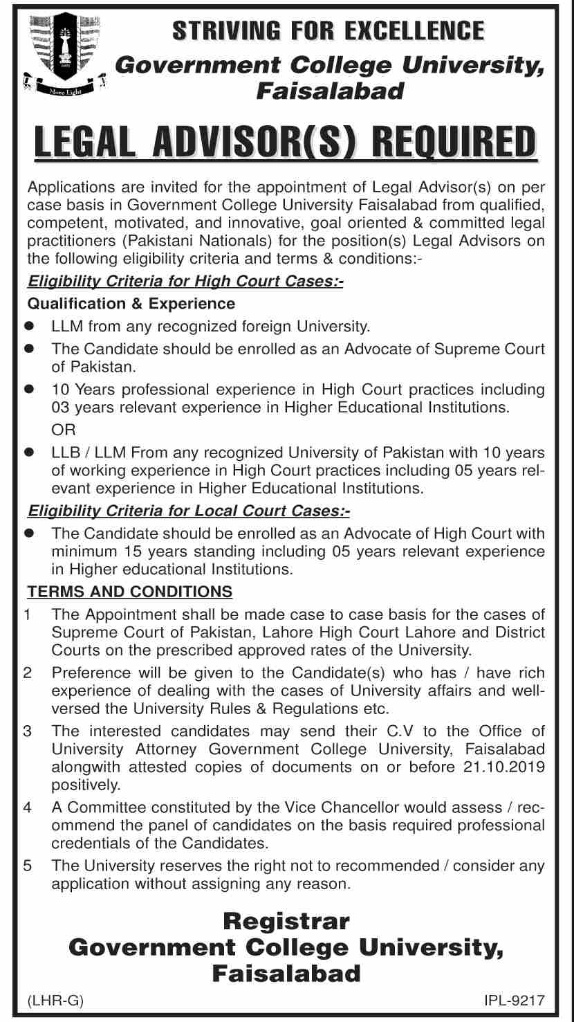 Jobs In Govt College GC University Faisalabad 12 October 2019