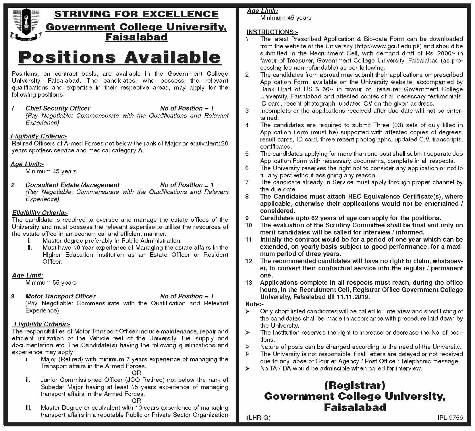 Jobs In Govt College GC University Faisalabad 25 October 2019
