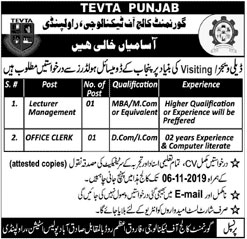 Jobs In Govt College Of Technology Rawalpindi 31 October 2019