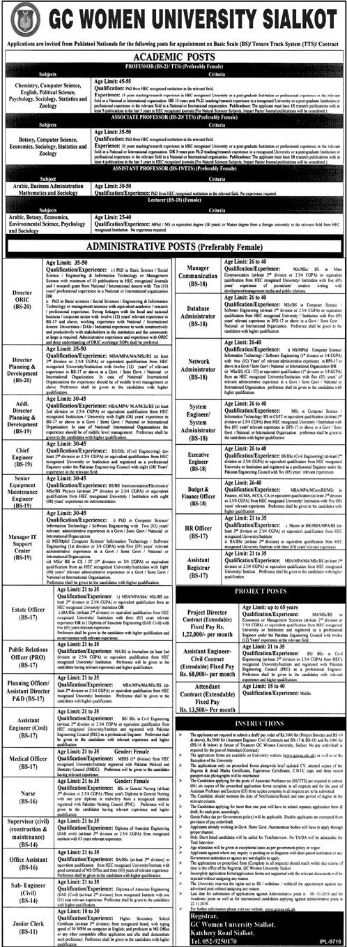 Jobs In Govt College Women University (GCWU) Sialkot 24 October 2019