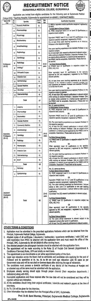 Jobs In Gujranwala Medical College 14 October 2019