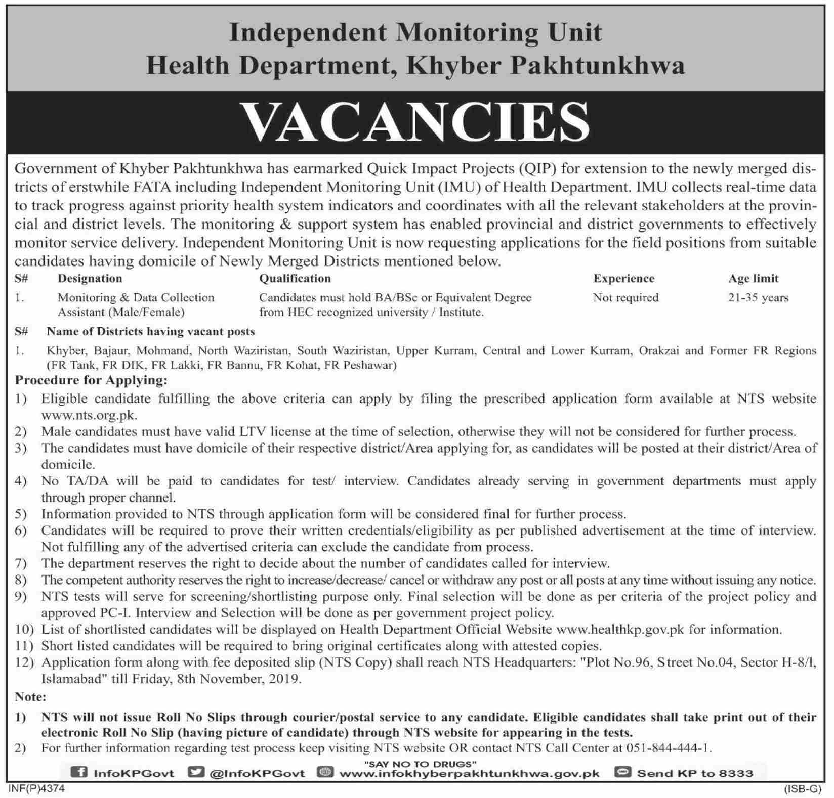 Jobs In Health Department Govt of Khyber Pakhtunkhwa 21 October 2019