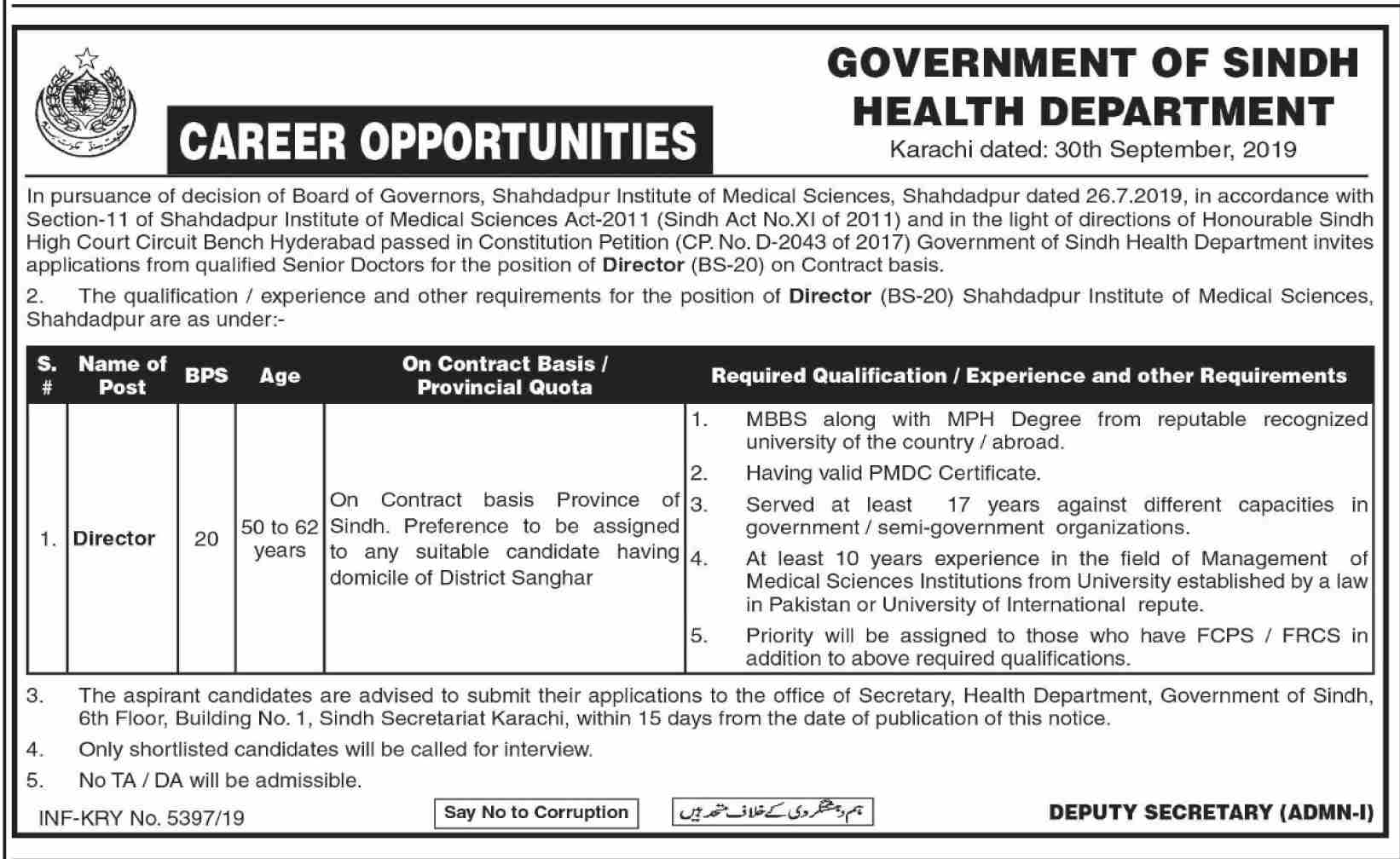 Jobs In Health Department Govt of Sindh 03 October 2019