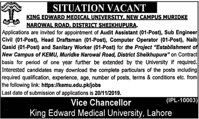 Jobs In King Edward Medical University Lahore KEMU 31 October 2019