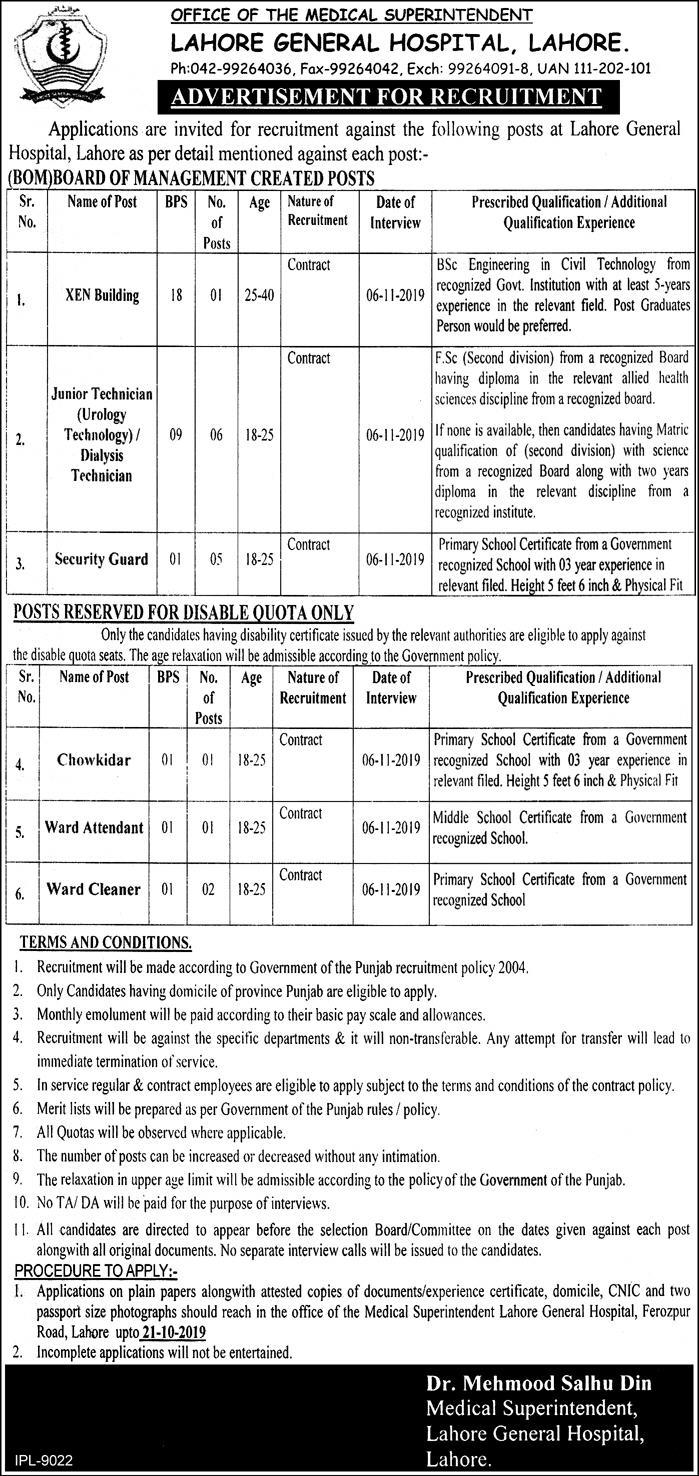 Lahore General Hospital Lahore (LGH) jobs 2019