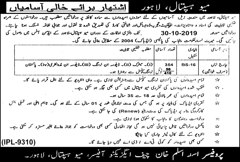 Jobs In Mayo Hospital Lahore 10 October 2019