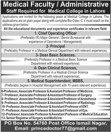 Jobs In Medical College Lahore 27 October 2019