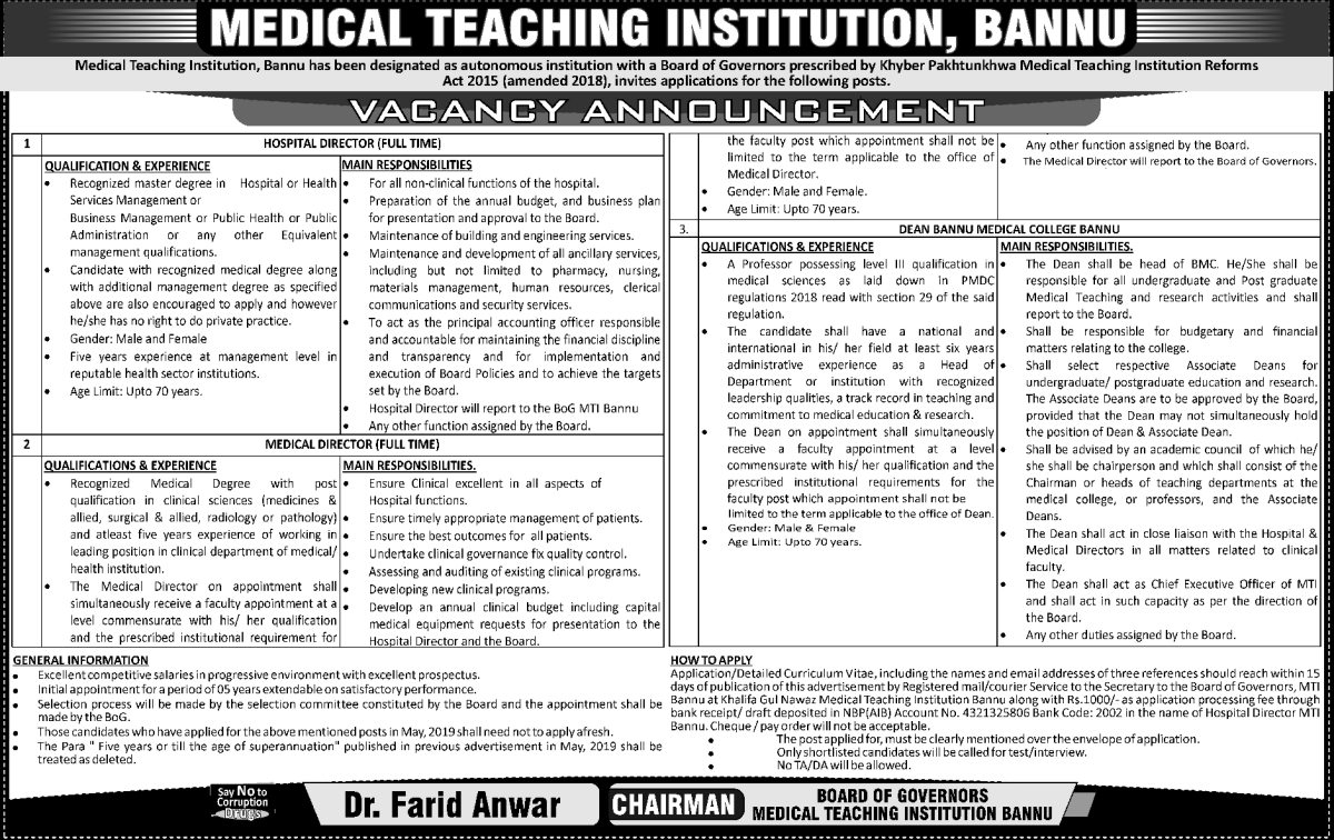Jobs In Medical Teaching Institutions MTI Bannu 29 October 2019
