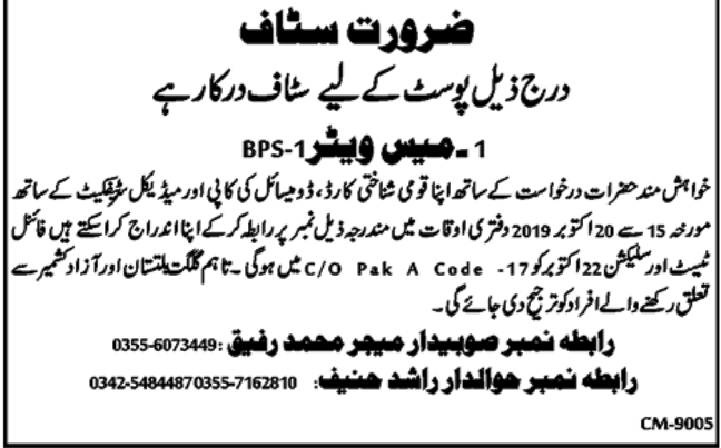 Mess Waiters Required In Khyber Pakhtunkhwa 17 October 2019