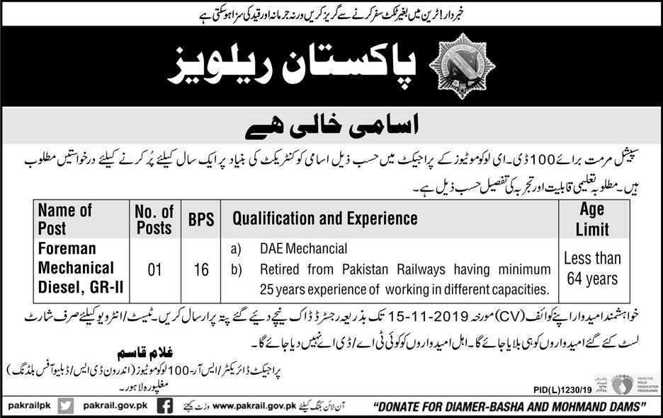 Jobs In Pakistan Railways 30 October 2019