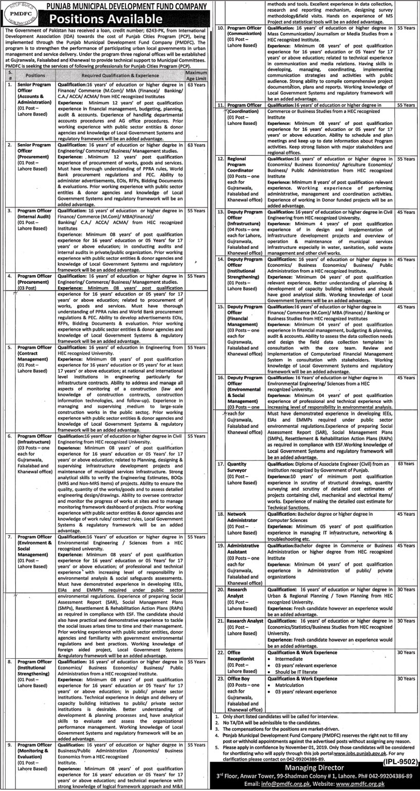 Jobs In Punjab Municipal Development Fund Company 18 October 2019