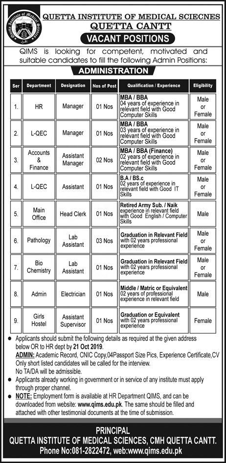 Jobs In Quetta Institute of Medical Sciences 05 October 2019