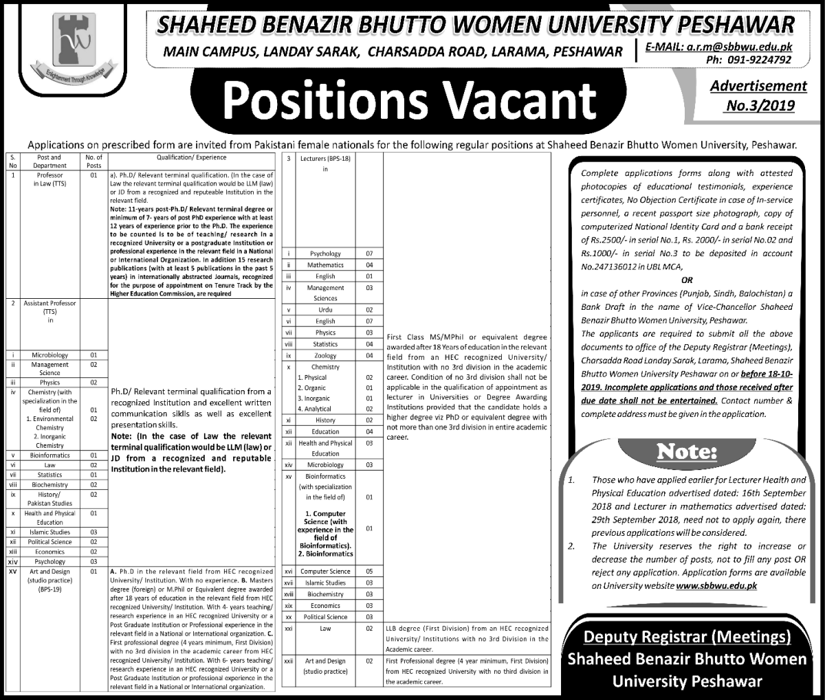 Jobs In Shaheed Benazir Bhutto University 02 October 2019
