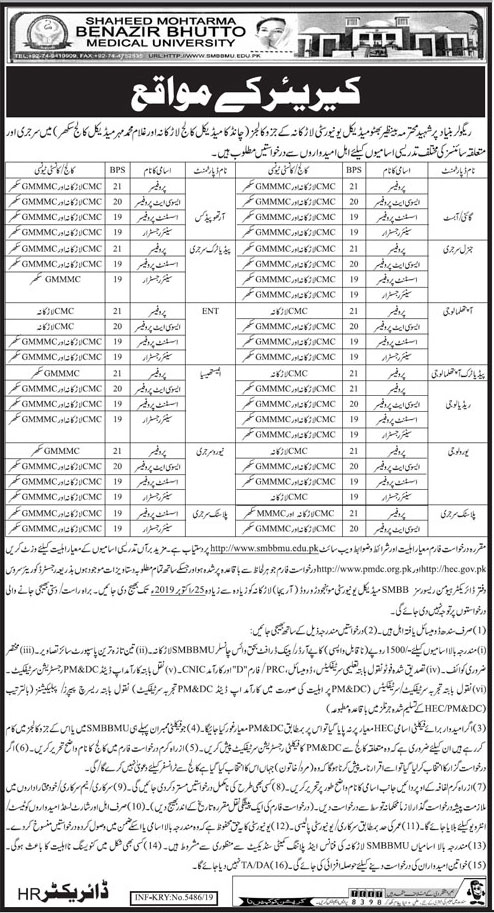 Jobs In Shaheed Mohtarma Benazir Bhutto Medical University 14 October 2019