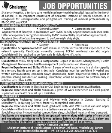Jobs In Shalamar Hospital Lahore 20 October 2019