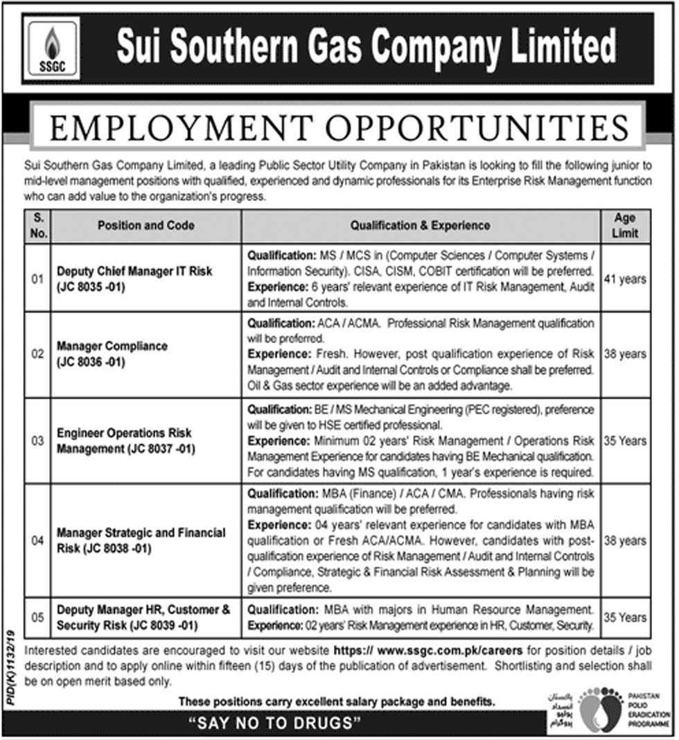 Sui Northern Gas Pipelines Limited jobs 2019