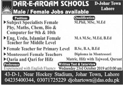 Teachers And Qariya Required In Dar E Arqam School 20 October 2019
