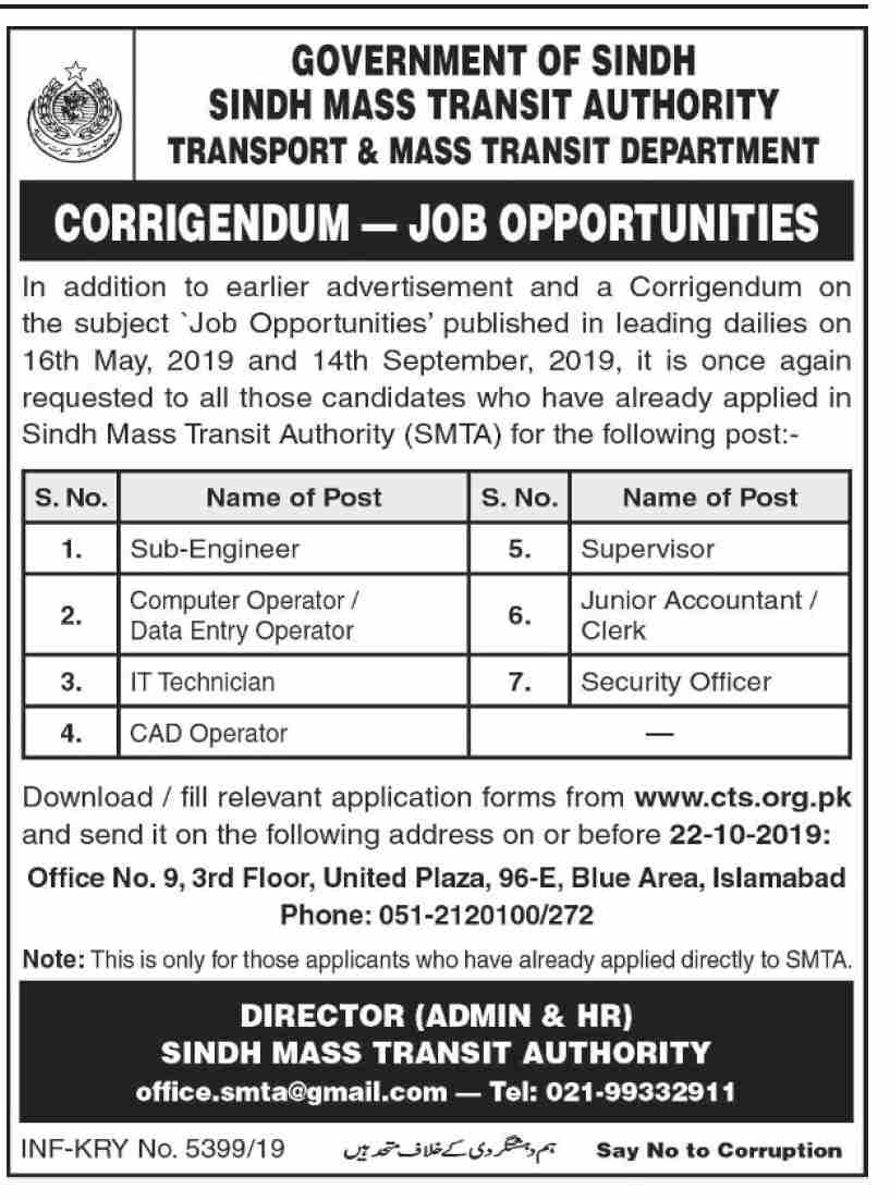 Jobs In Transport And Mass Transit Department Sindh 03 October 2019