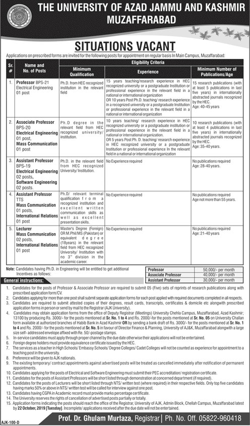 Jobs In University Of Azad Jammu And Kashmir 08 October 2019