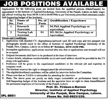 Jobs In University Of The Punjab 03 October 2019