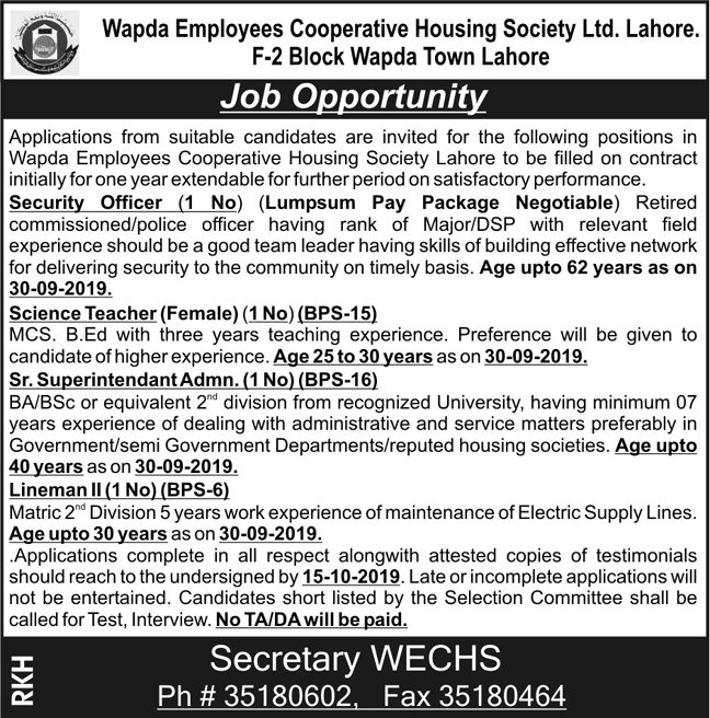 Jobs In WAPDA Employees Cooperative Housing Society Ltd 01 October 2019