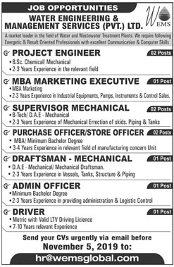 Jobs In Water Engineering And Management Services Pvt Ltd 27 October 2019