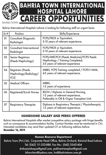 Jobs In Bahria Town International Hospital Lahore 03 November 2019