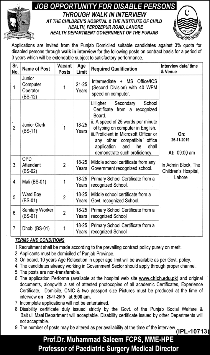 Jobs In Children Hospital And Institute Of Child Health Lahore 21 November 2019