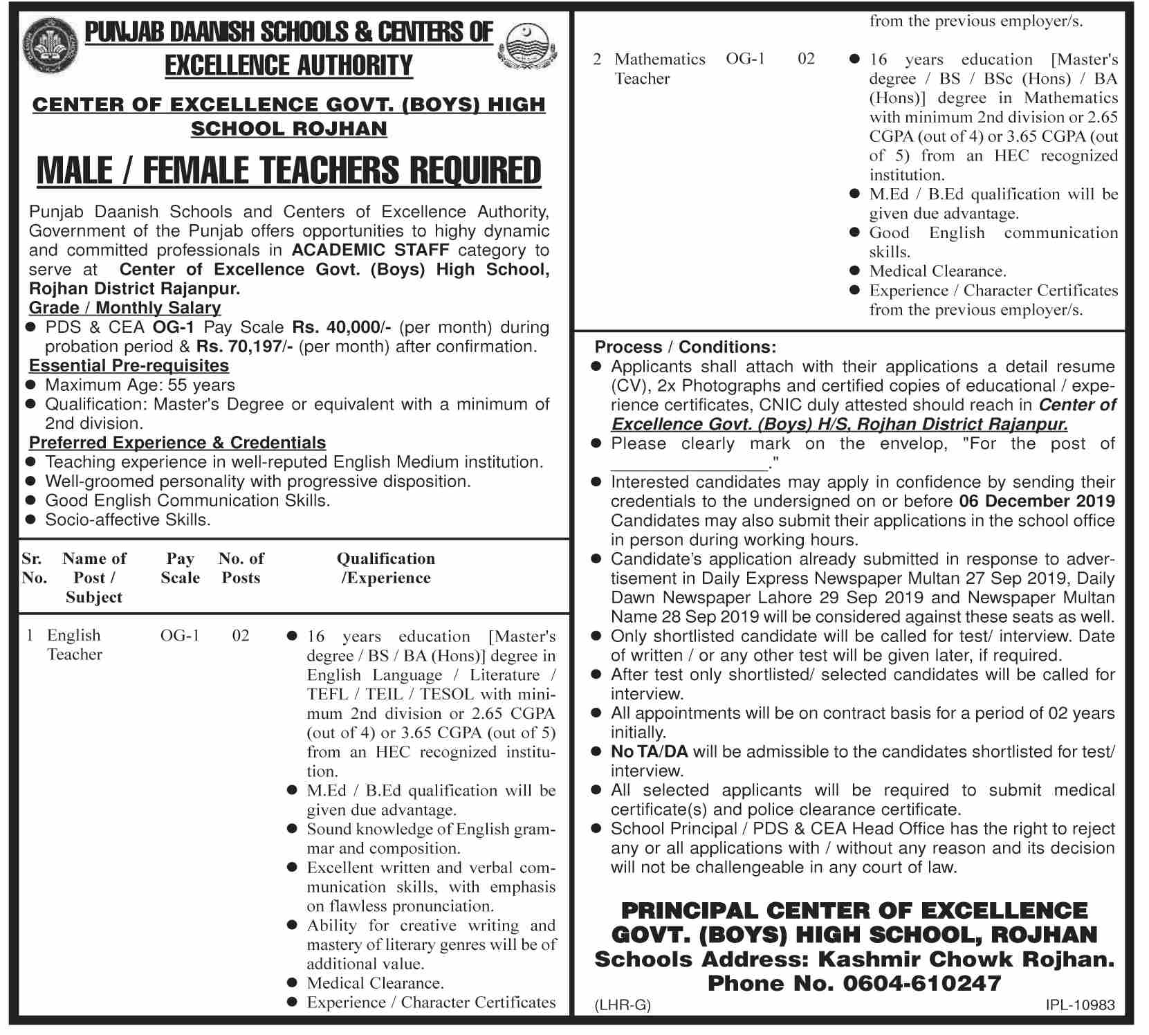 Jobs In Daanish Schools Govt Of Punjab Rojhan 28 November 2019