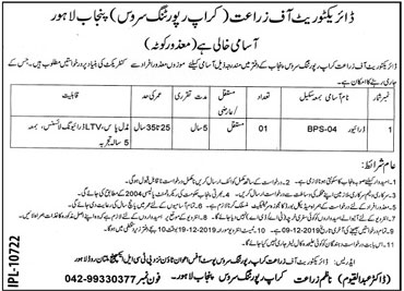 Jobs In Directorate Of Agriculture Govt of Punjab 20 November 2019