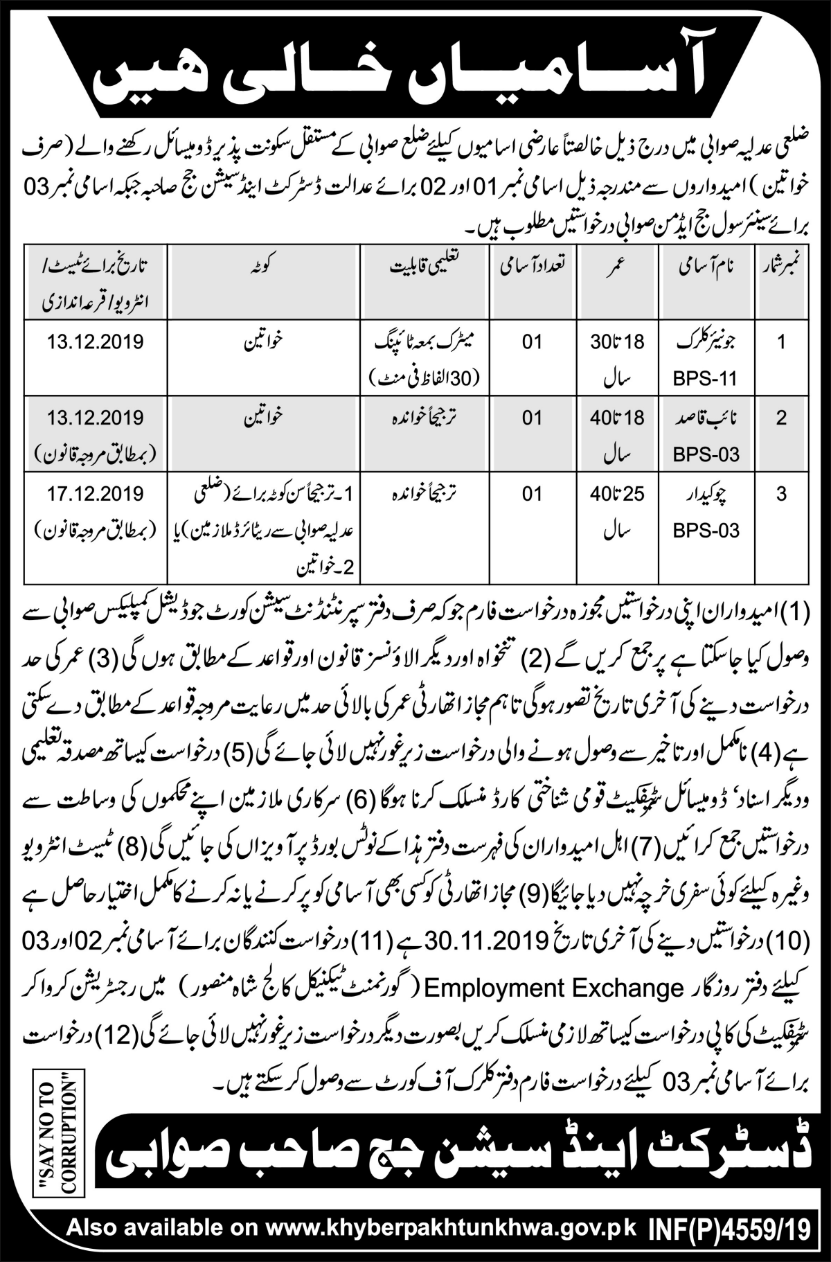 Jobs In District and Session Court Swabi 01 November 2019