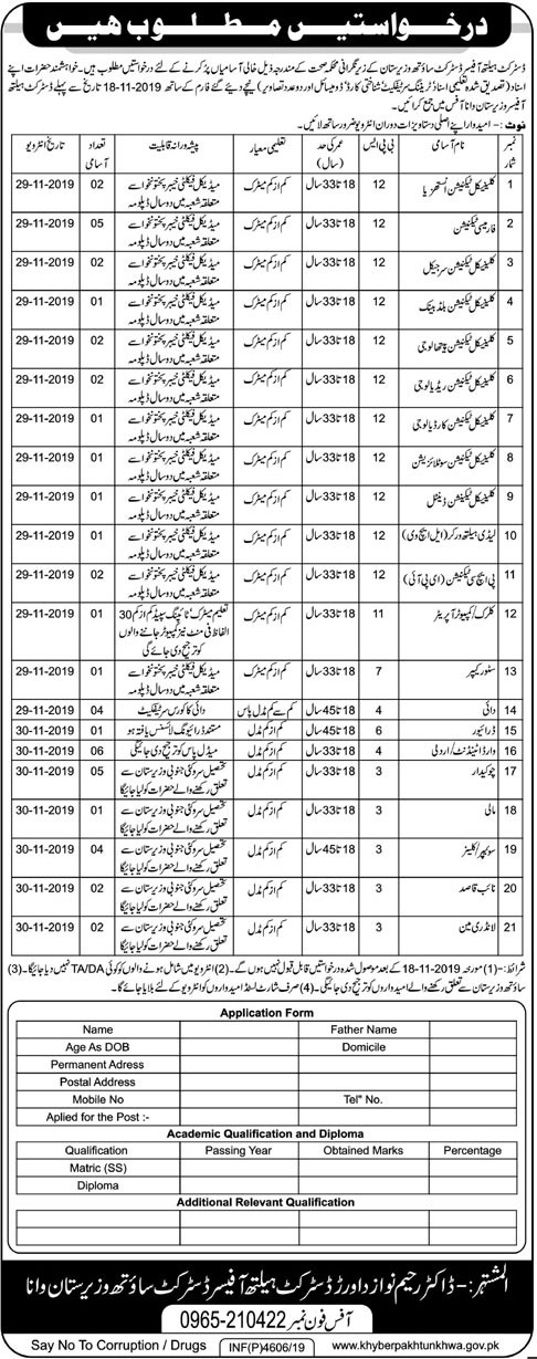 Jobs In District Health Officer District South Waziristan 05 November 2019