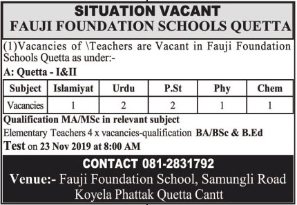 Jobs In Fauji Foundation Schools Quetta 20 November 2019