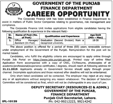 Jobs In Finance Department Govt Of Punjab 05 November 2019