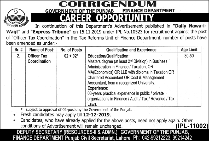 Jobs In Finance Department Govt Of Punjab 27 November 2019