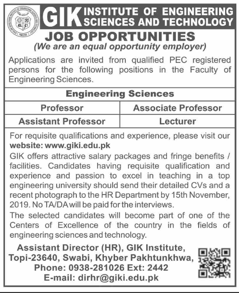 Jobs In Ghulam Ishaq Khan Institute of Engineering Sciences and Technology 02 November 2019