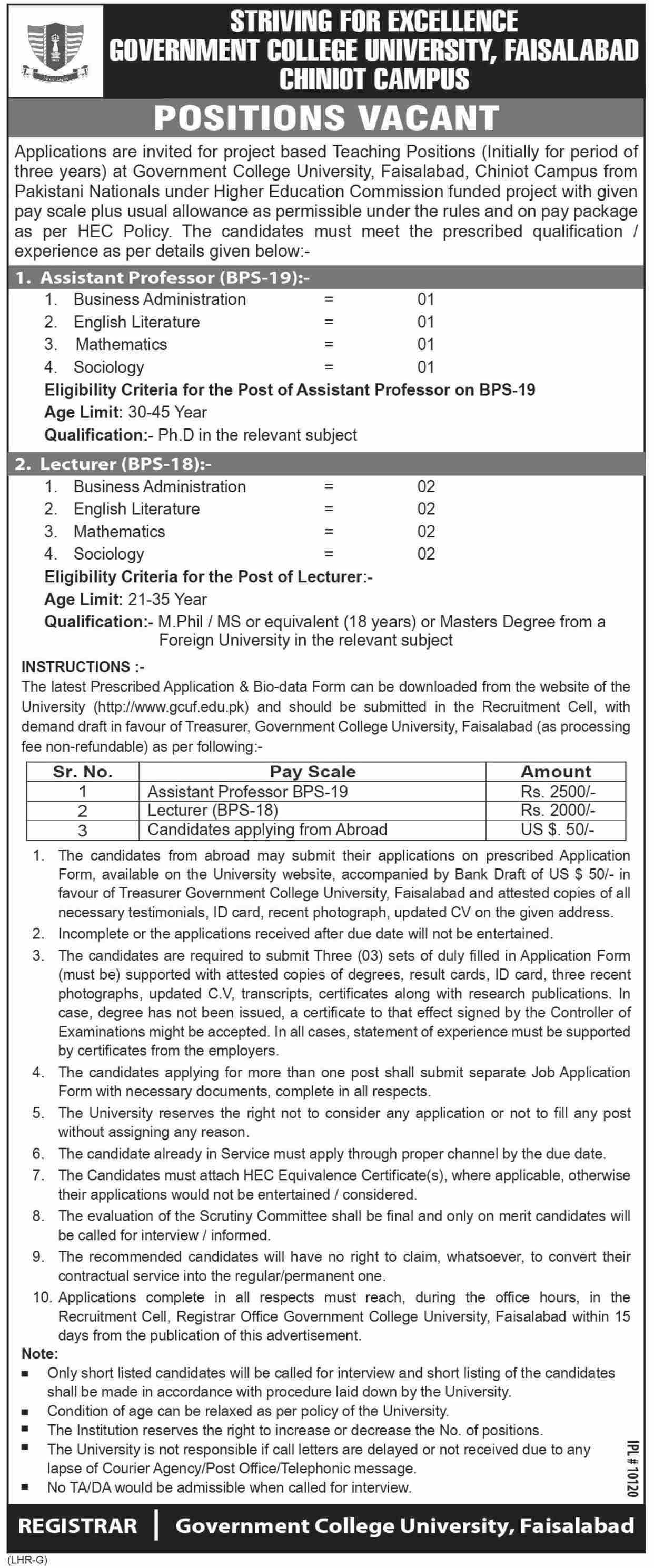 Jobs In Govt College GC University Faisalabad 06 November 2019