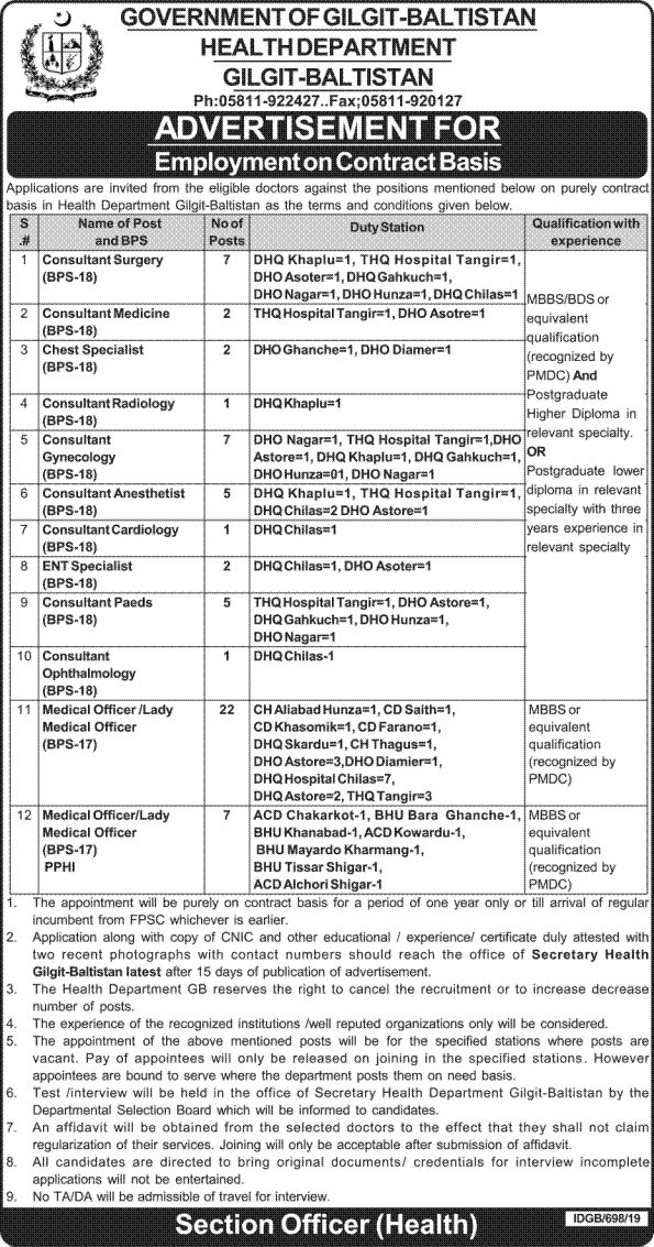 Jobs In Health Department Govt Of Gilgit Baltistatn 29 November 2019