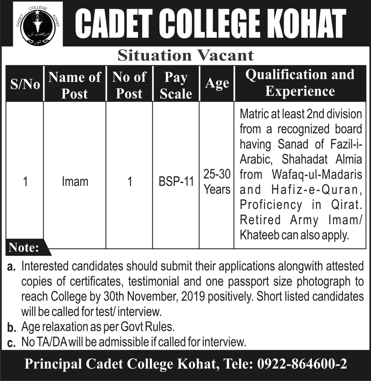 Imam Required In Cadet College Kohat 10 November 2019