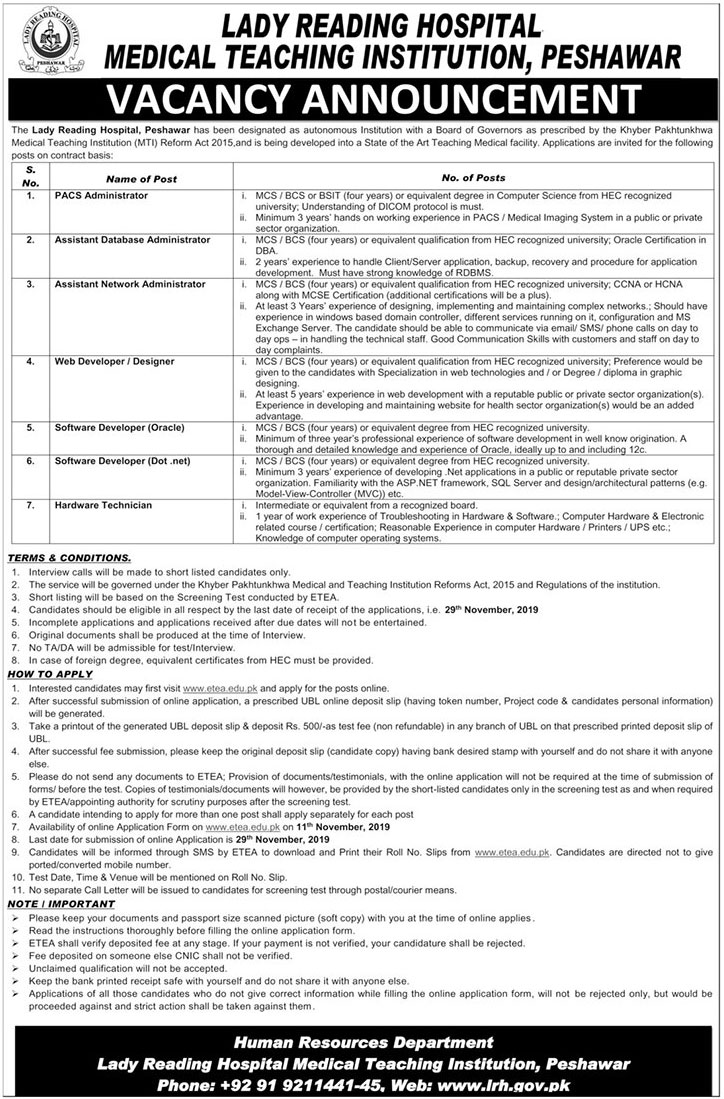 Jobs In Lady Reading Hospital Medical Teaching Institutions 08 November 2019