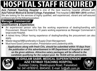 Manager Commercial Required In Aziz Fatima Teaching Hospital 10 November 2019