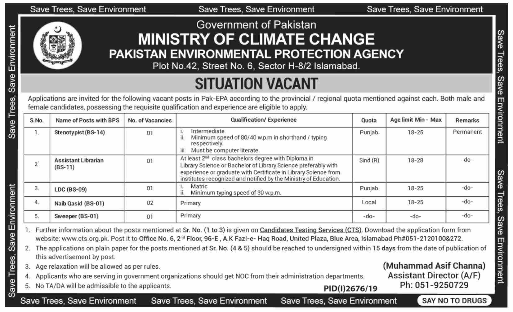 Jobs In Ministry Of Climate Change Govt of Pakistan 19 November 2019