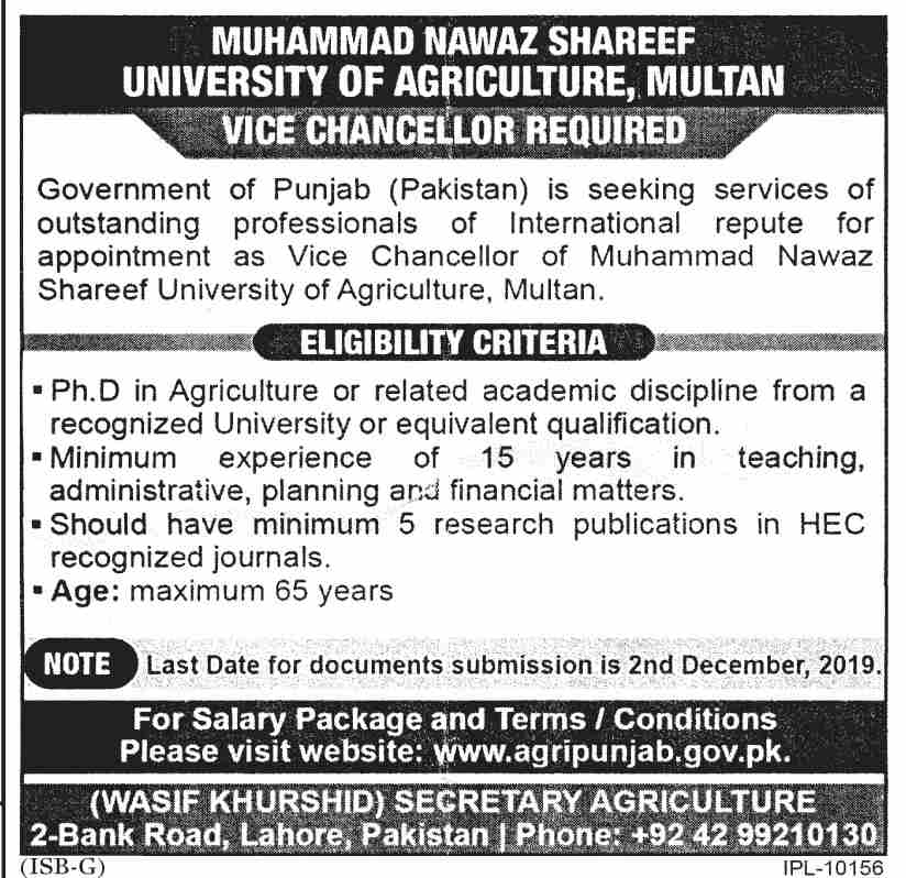 Jobs In Muhammad Nawaz Shareef University of Agriculture 05 November 2019