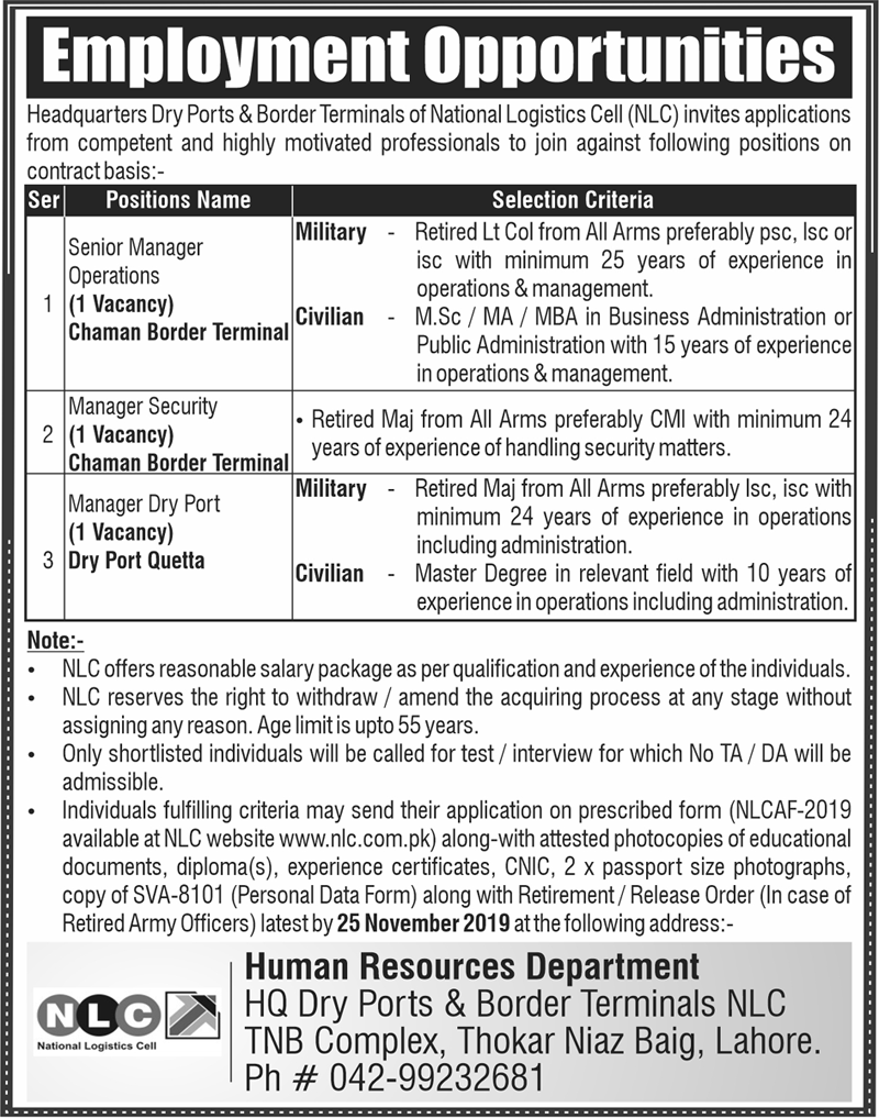 Jobs In National Logistic Cell Lahore 09 November 2019