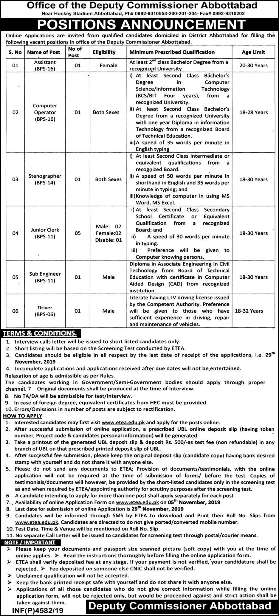 Jobs In Office of The Deputy Commissioner Abbottabad 01 November 2019
